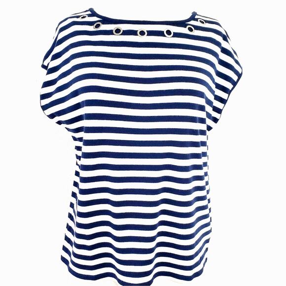 Nautical Navy & White Stripe Nautical Preppy Top Metal Logo Gromits Size Medium - Picture 1 of 5